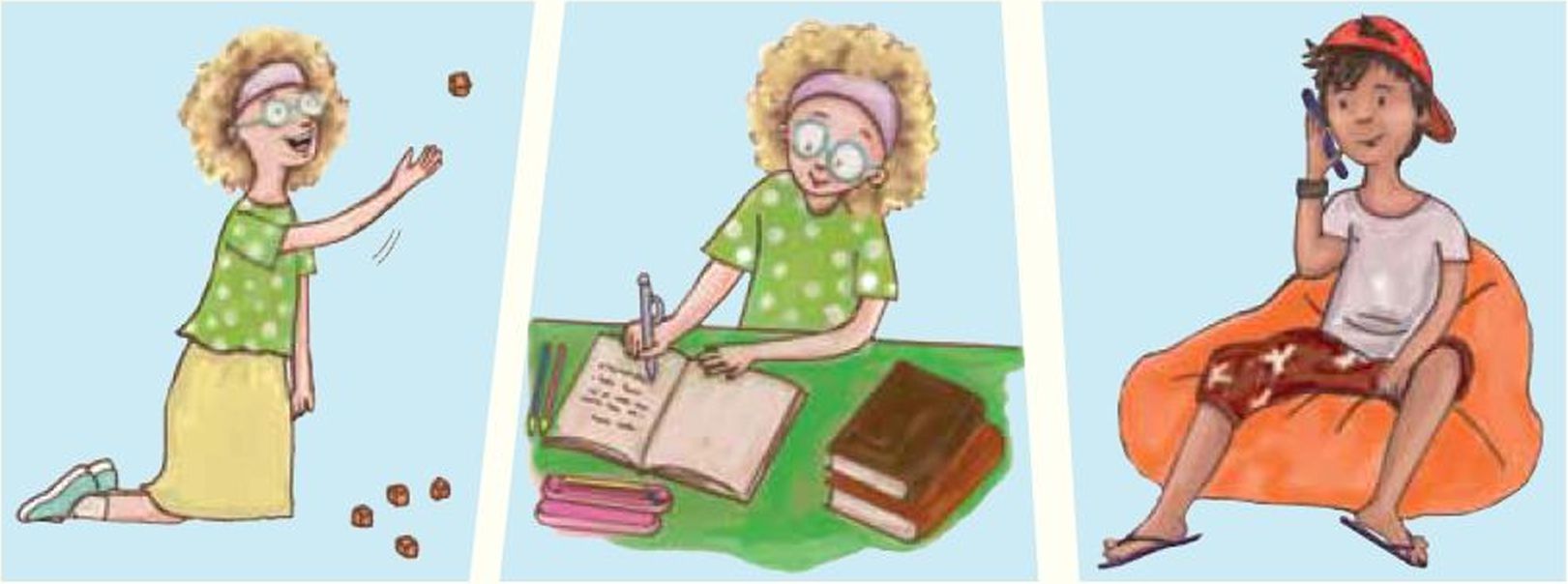 1. עומר יושב על כורסה ומדבר בטלפון. 2. עינב יושבת ליד שולחן וכותבת במחברת. 3. עינב משחקת 